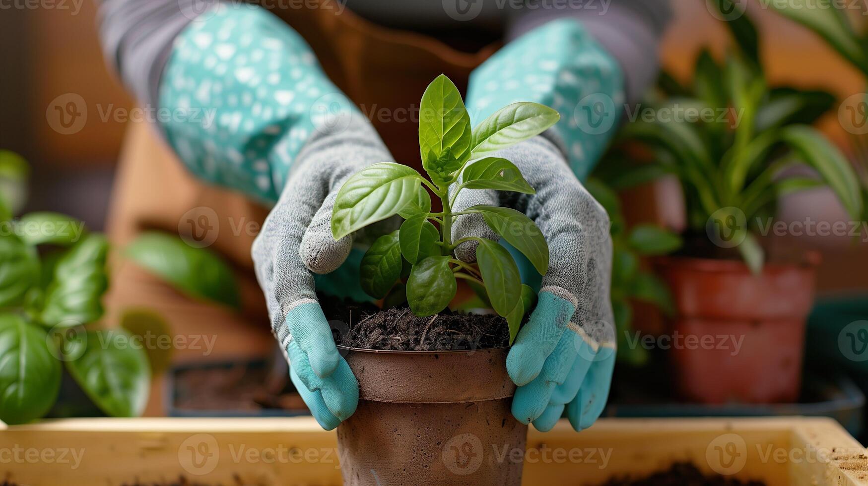 AI generated A person in gloves planting or caring for young green plant in pot. Gardening tips, plant care, environmental conservation background. photo