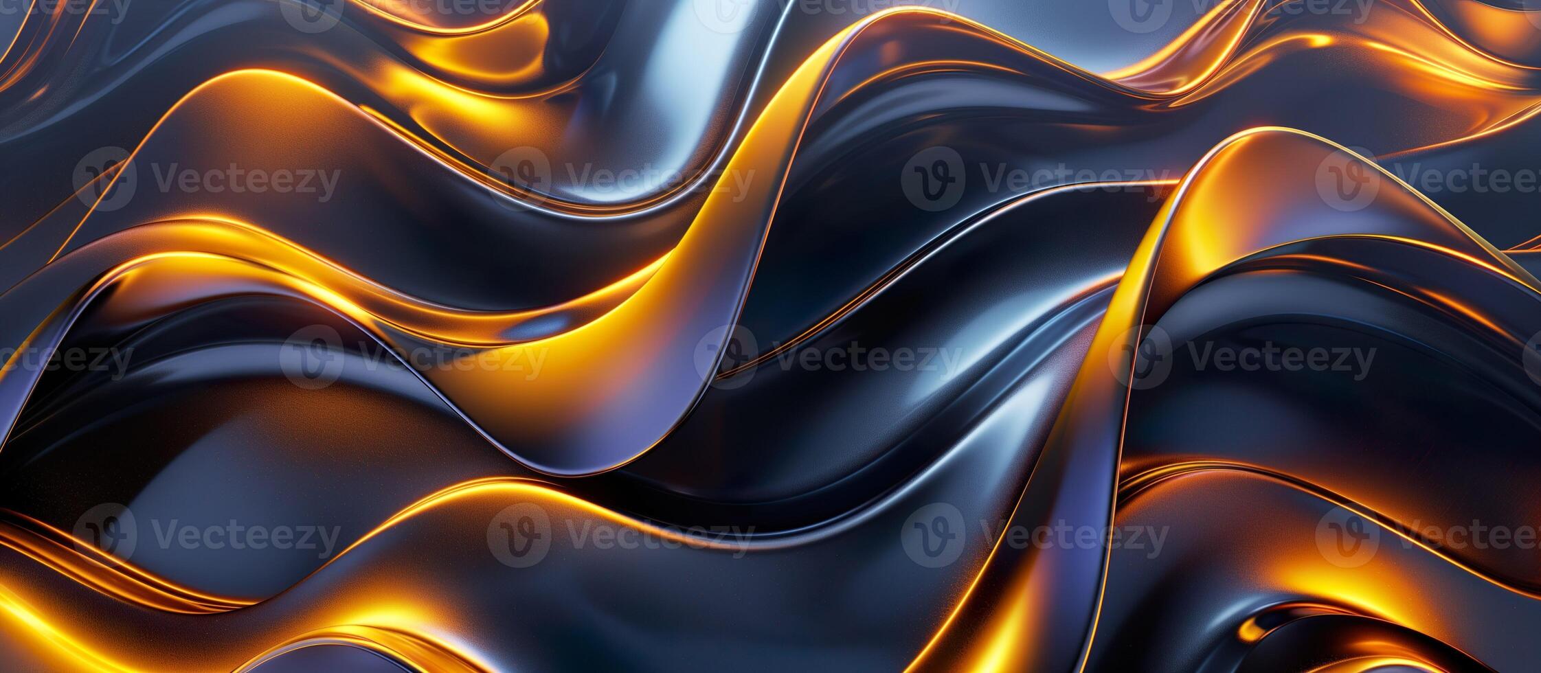 AI generated Dynamic blend of black and gold curves background, fluid chrome shapes against a dark background. photo