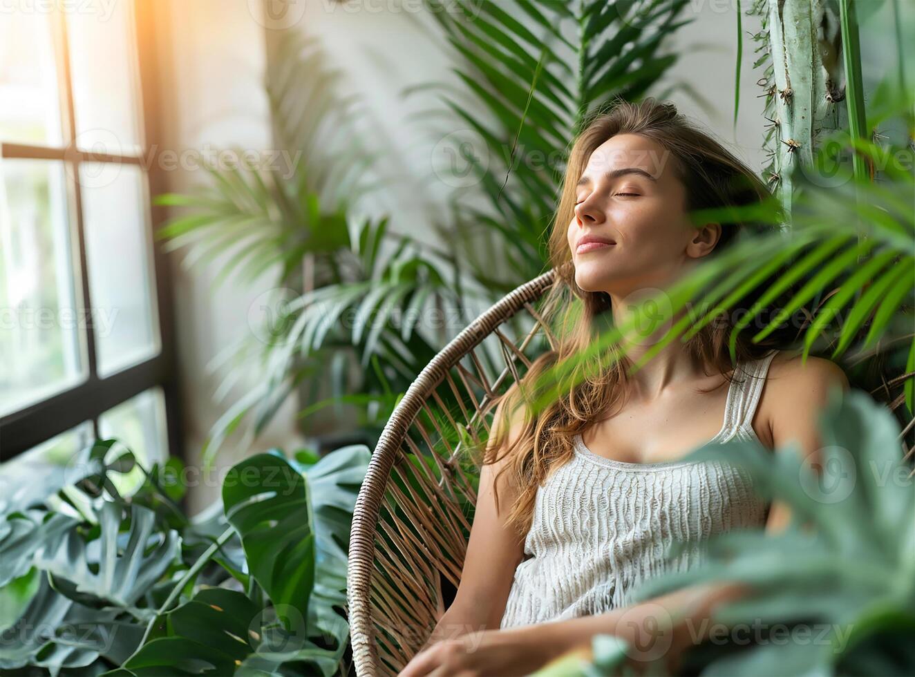 AI generated Nature's Embrace Woman Relaxes with Greens photo