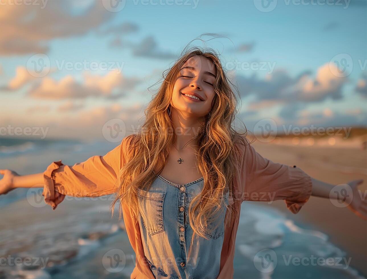 AI generated Beach Bliss Arms Wide to the Sea photo