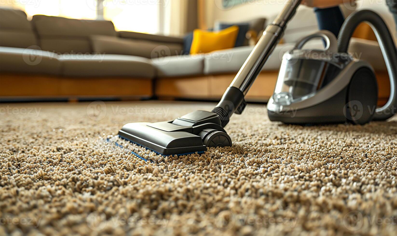 AI generated Close-up of someone vacuuming the carpet, showcasing the chore of keeping a living room clean photo