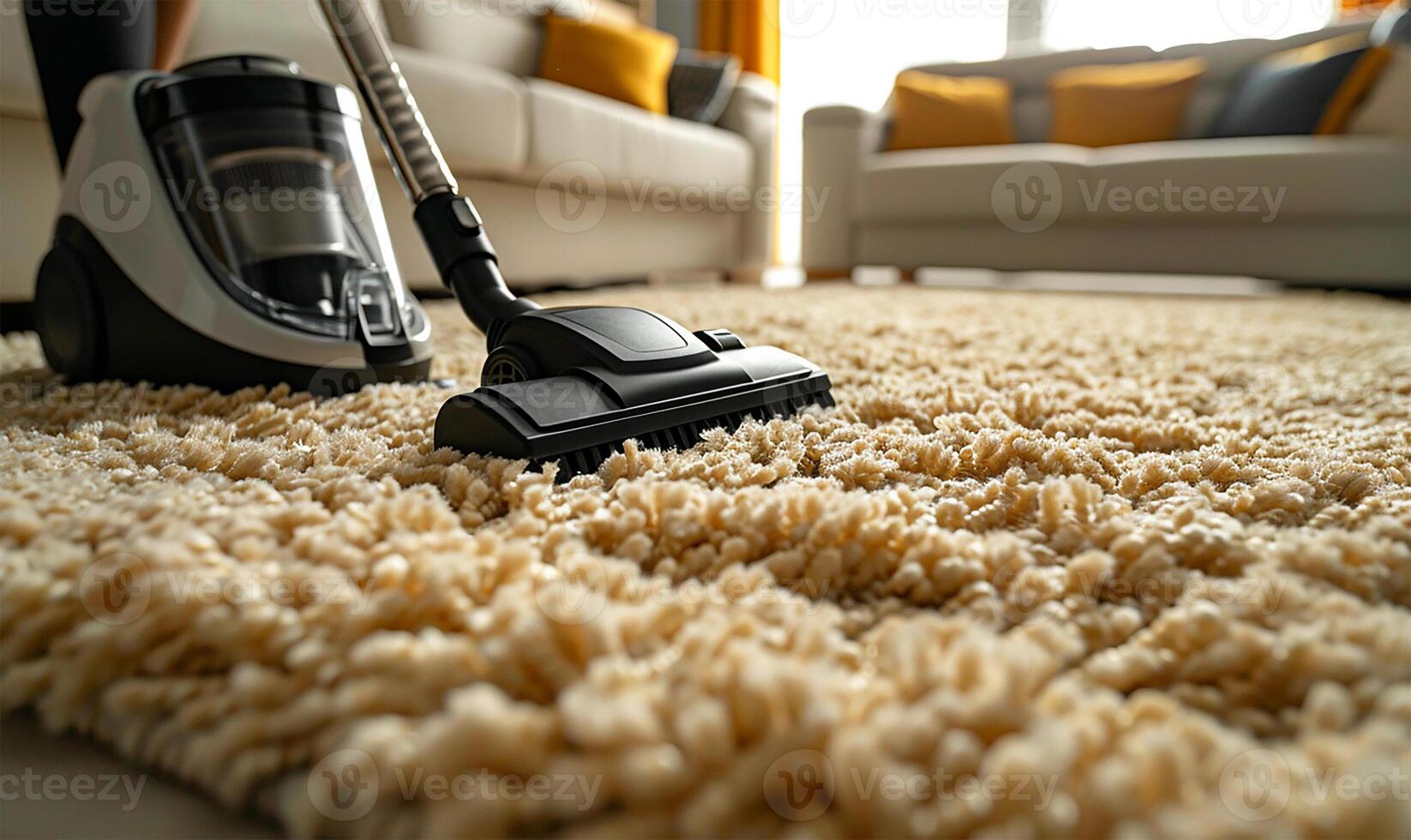 AI generated Close-up of someone vacuuming the carpet, showcasing the chore of keeping a living room clean photo