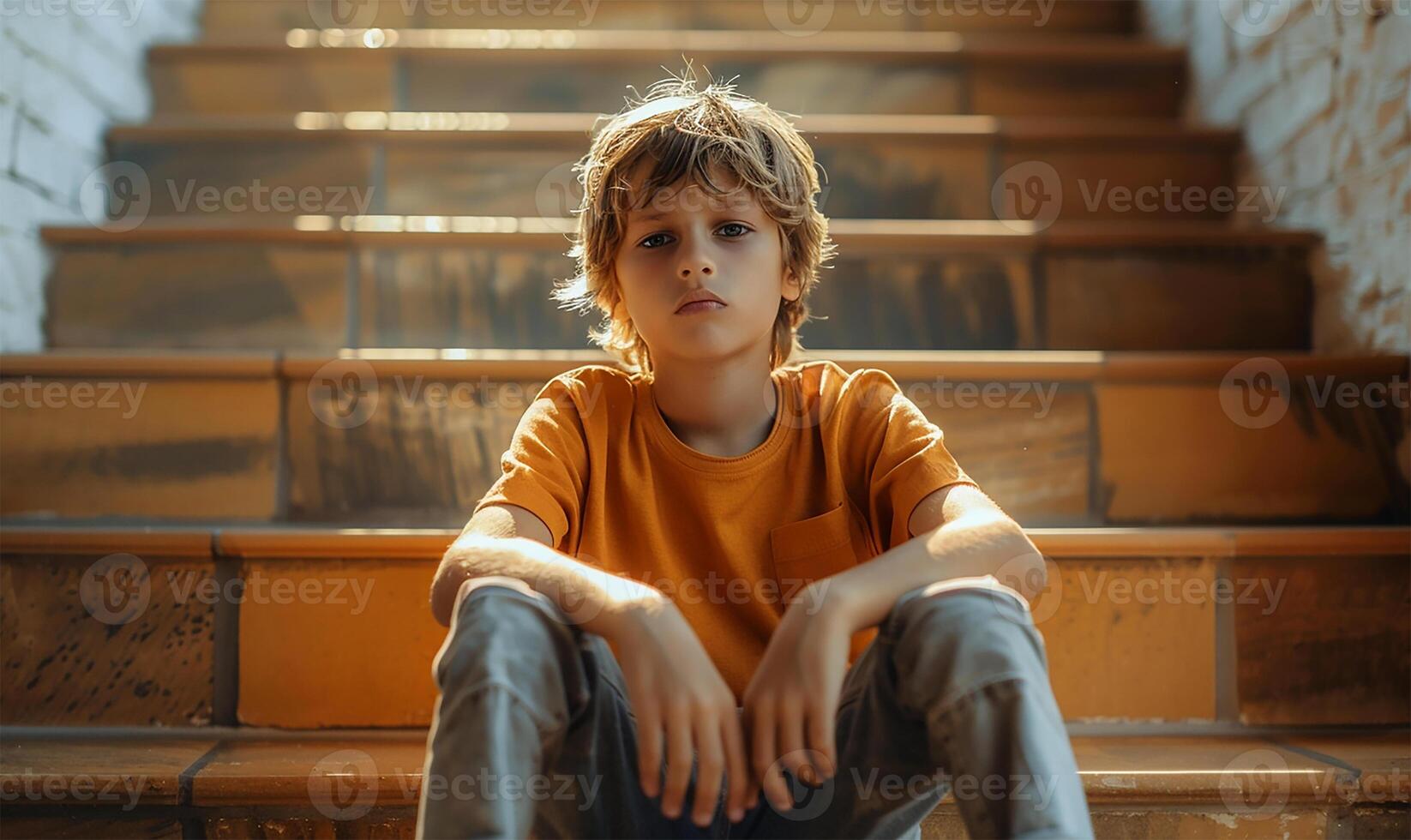 AI generated Heartbreaking scene of a depressed child seated alone on staircase steps, reflecting the impact of bullying on youth photo