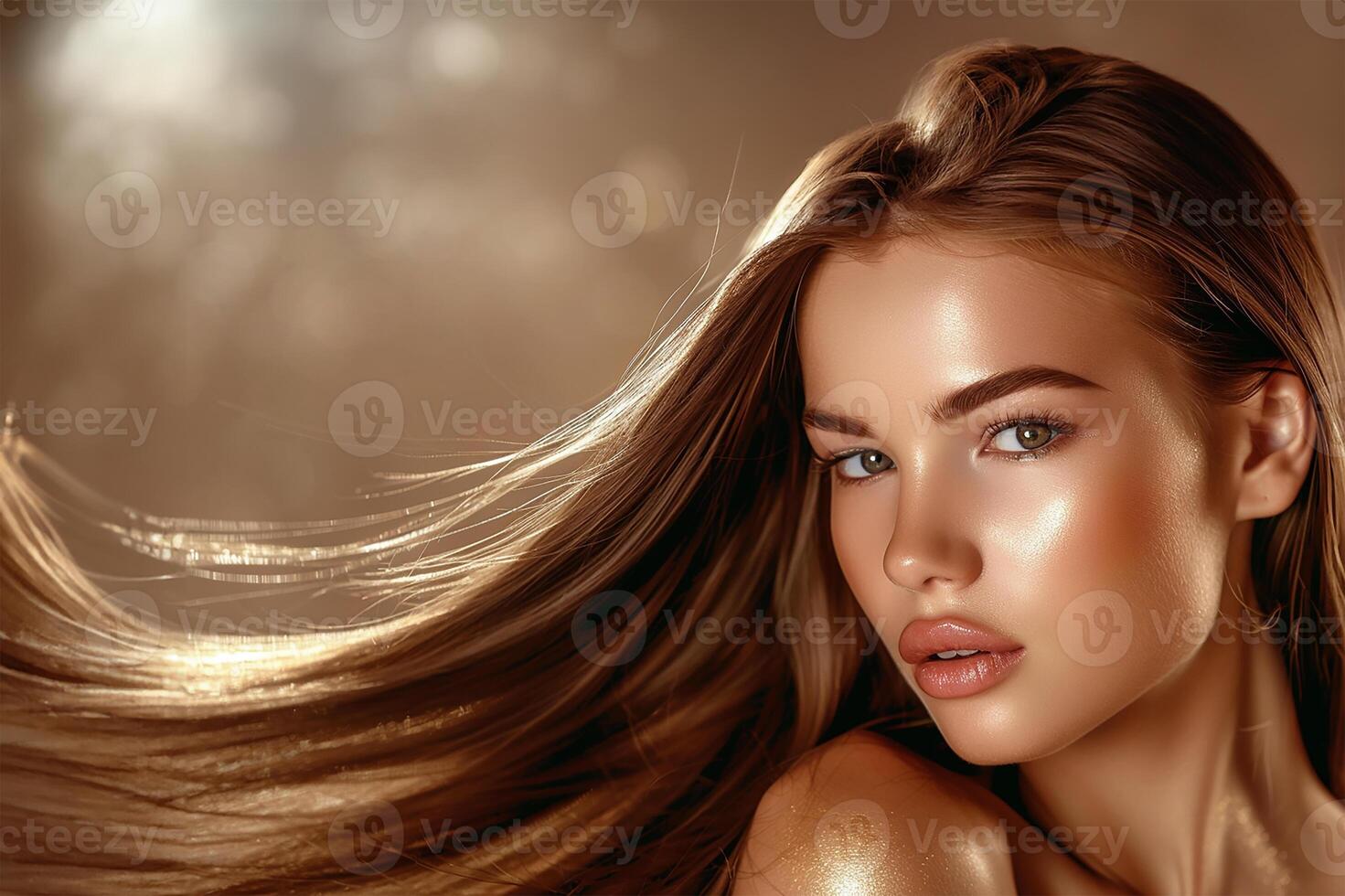 AI generated Fashionable model with shiny, healthy brown hair, perfectly straight and smooth, alongside her naturally flawless skin photo