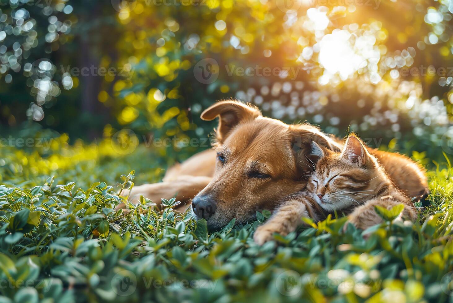 AI generated Adorable dog and cat duo lounging on lush green grass, basking in spring sunshine photo