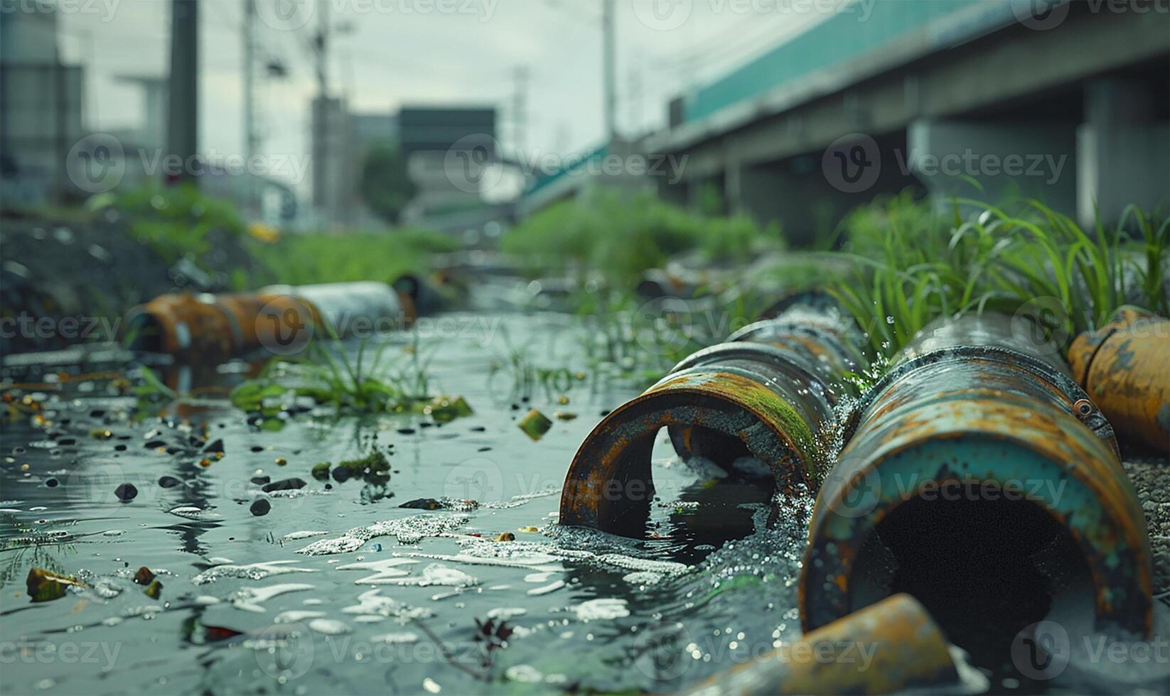 AI generated Stark imagery of industrial wastewater spewing from factory pipes into canals and seas, illustrating environmental harm and water pollution photo