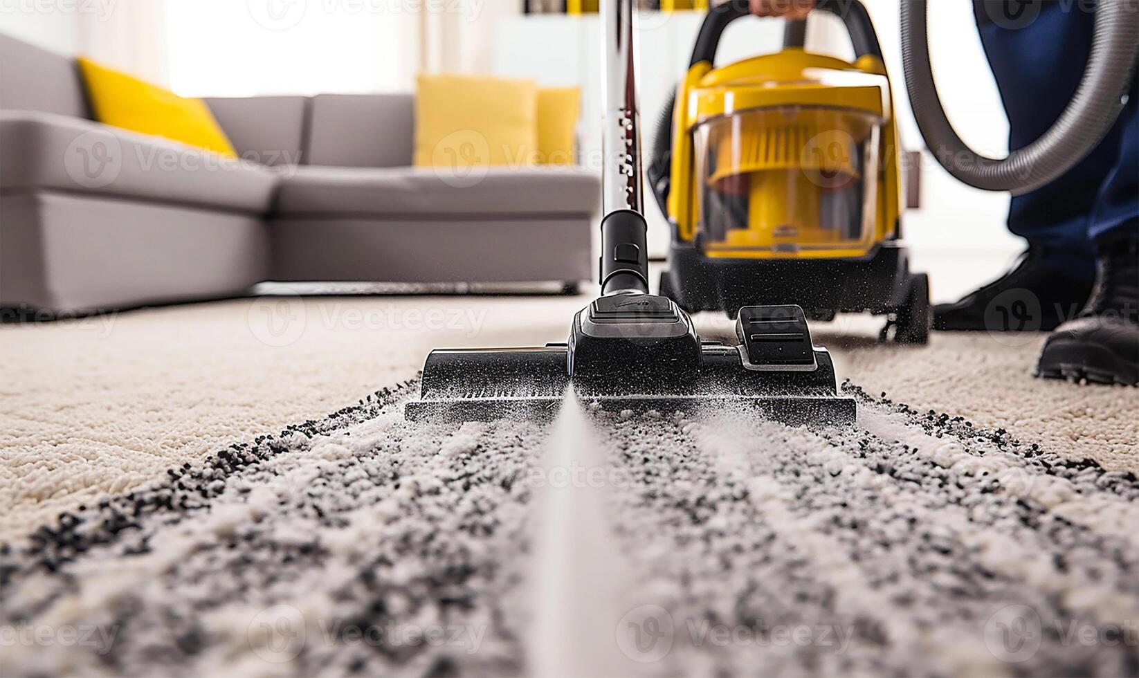 AI generated Close-up of someone vacuuming the carpet, showcasing the chore of keeping a living room clean photo