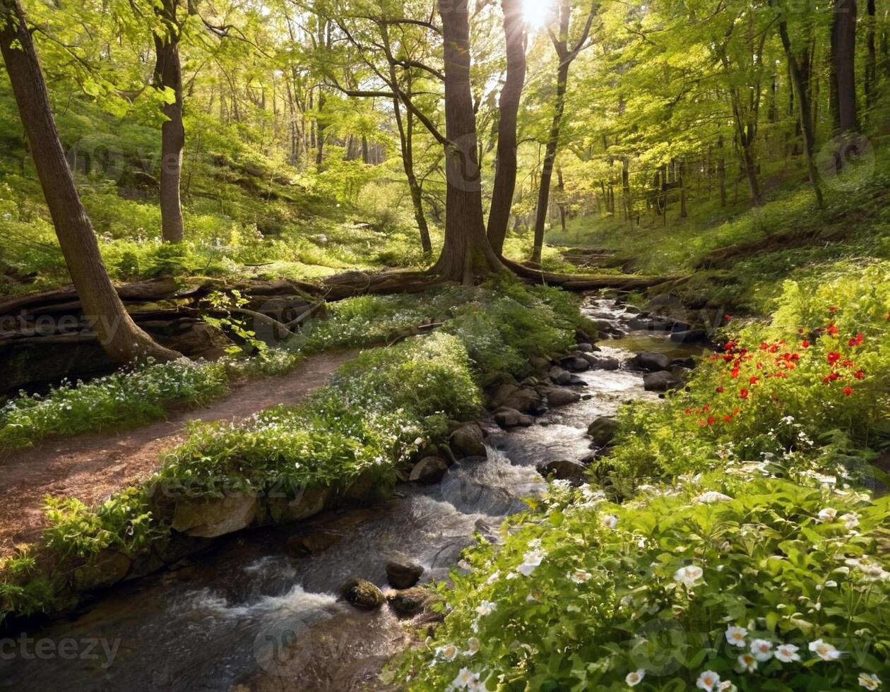 AI generated Beautiful spring forest landscape. Stream and trees. AI generation photo