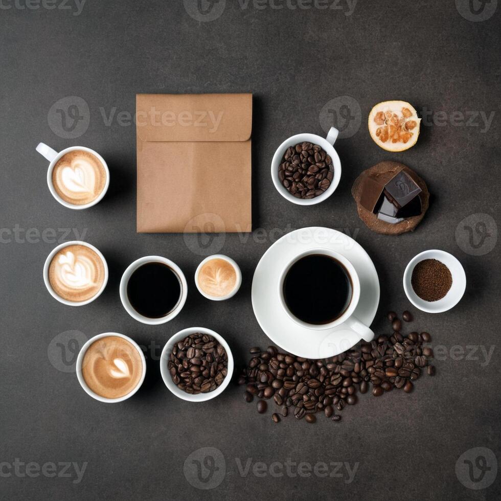 AI generated Set of coffee glasses with foam, top view. Coffee concept. Coffee beans. AI Generation photo