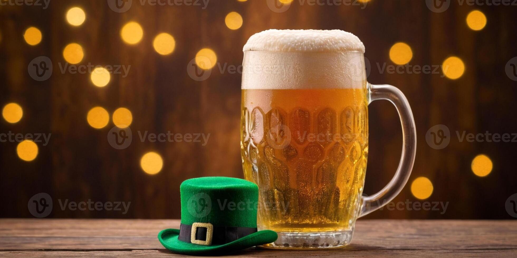 AI generated St. Patrick's Day background. A mug of beer with a green hat on a wooden table, against a bokeh background. ai generation photo