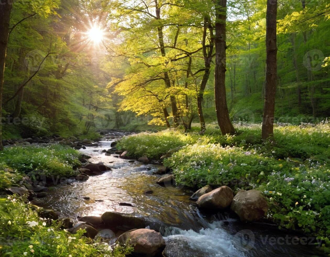 AI generated Beautiful spring forest landscape. Stream and trees. AI generation photo