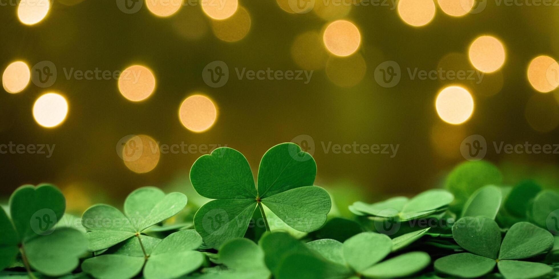 AI generated Clover Shamrocks, golden coins and bokeh. Festive image for St. Patrick's day. Generative AI. photo