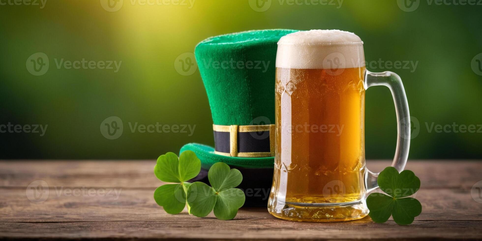 AI generated St. Patrick's Day background. A mug of beer with a green hat on a wooden table, against a bokeh background. ai generation photo