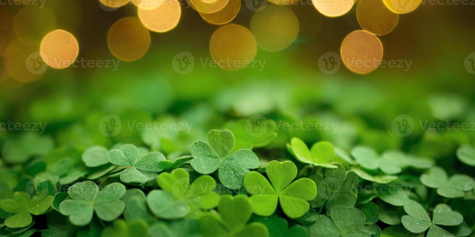 AI generated Clover Shamrocks, golden coins and bokeh. Festive image for St. Patrick's day. Generative AI. photo