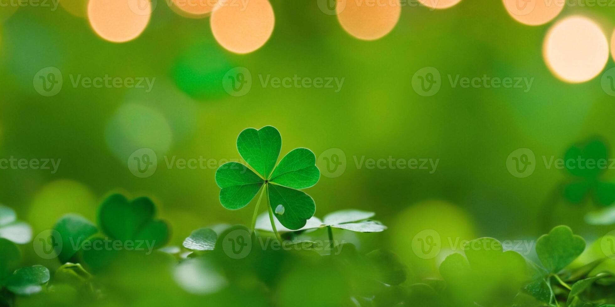 AI generated Clover Shamrocks, golden coins and bokeh. Festive image for St. Patrick's day. Generative AI. photo