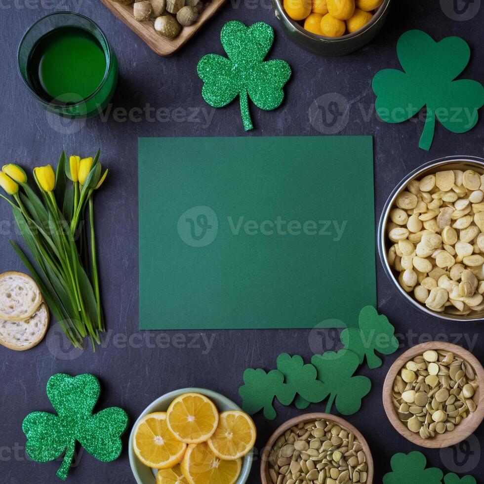 AI generated Set of objects for celebrating St. Patrick's Day. View from above. photo