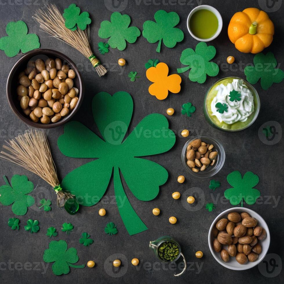 AI generated Set of objects for celebrating St. Patrick's Day. View from above. photo