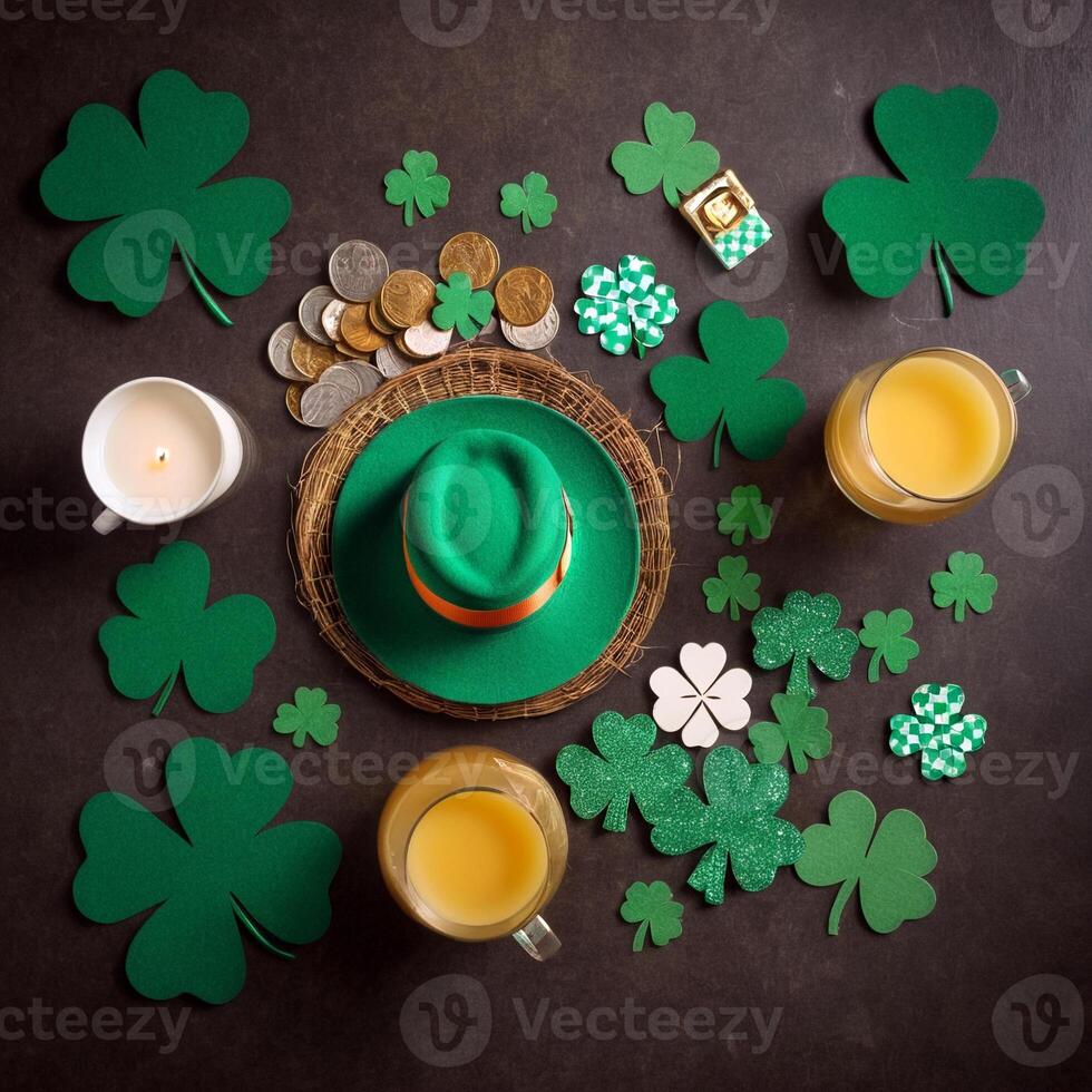 AI generated Set of objects for celebrating St. Patrick's Day. View from above. photo