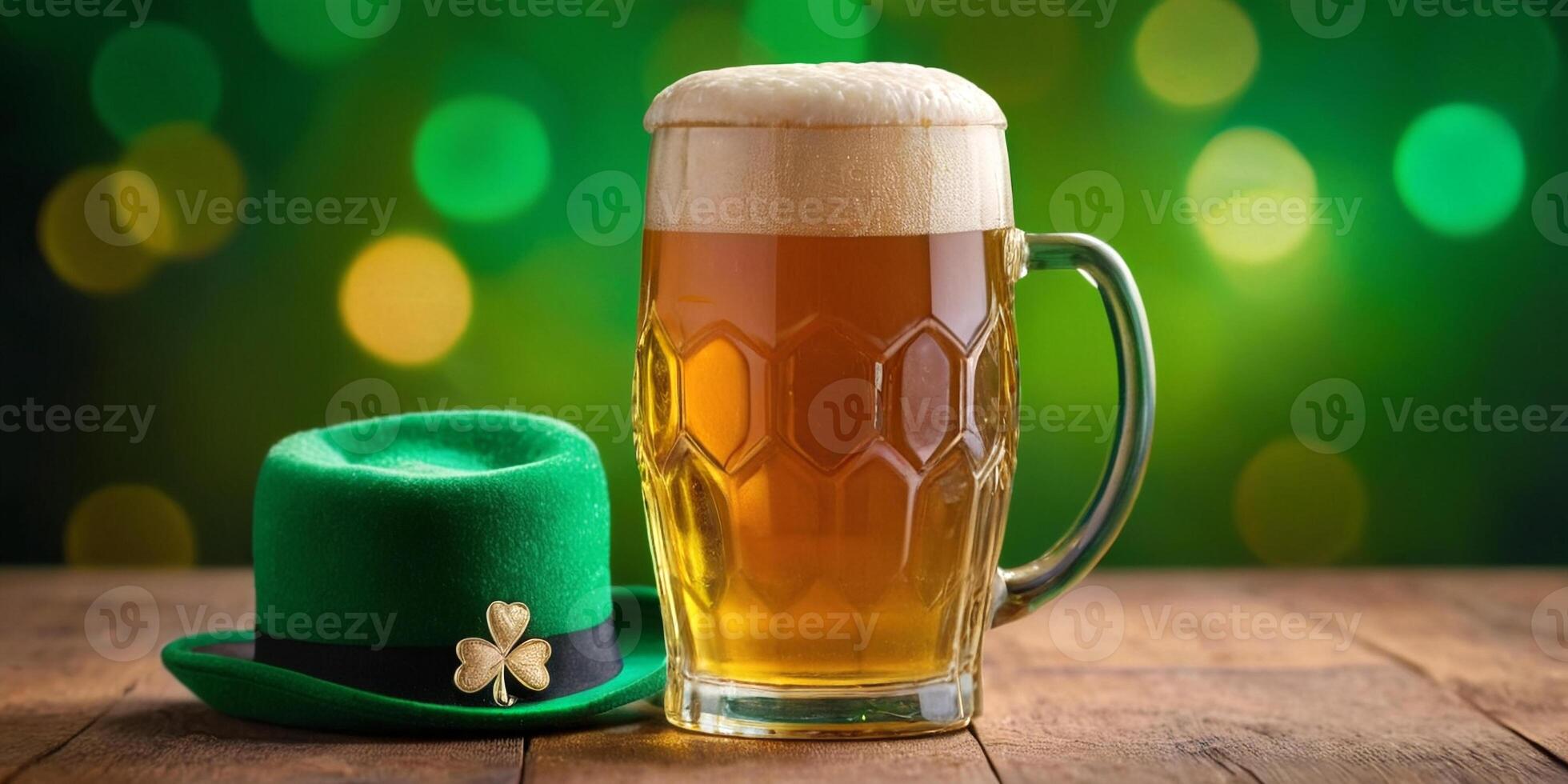 AI generated St. Patrick's Day background. A mug of beer with a green hat on a wooden table, against a bokeh background. ai generation photo