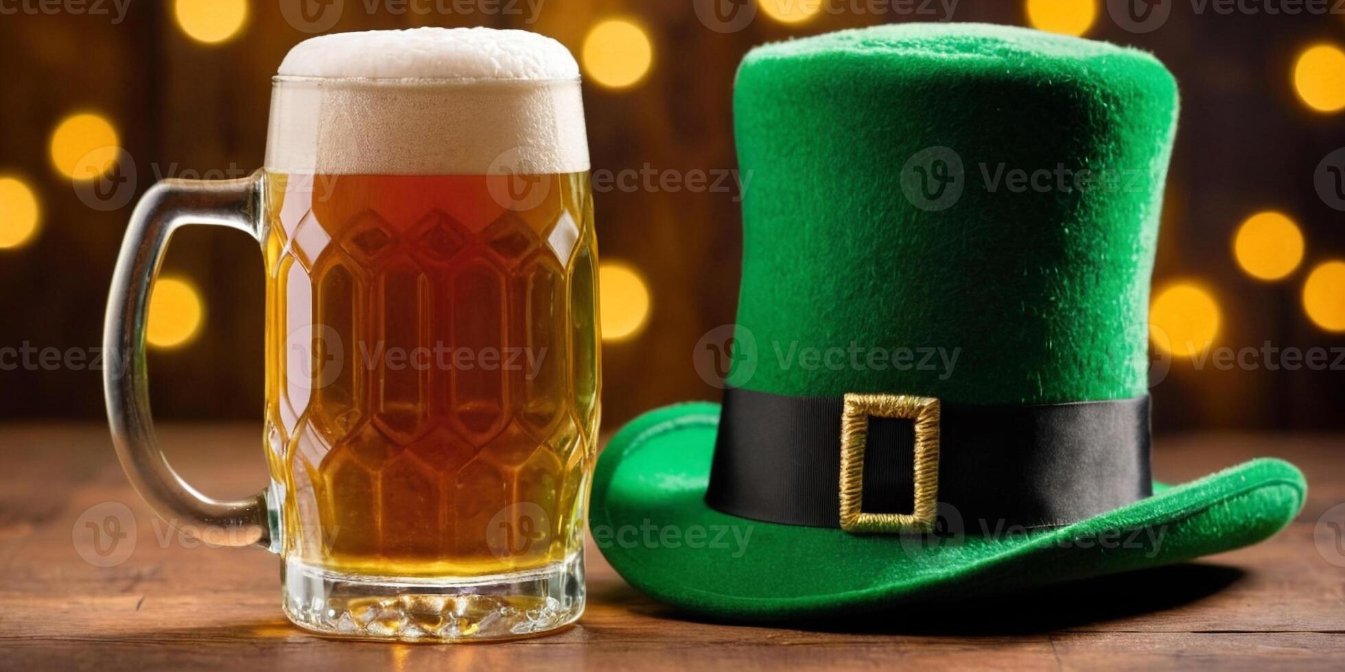 ai generado S t. patrick's día antecedentes. un jarra de cerveza con un verde sombrero en un de madera mesa, en contra un bokeh antecedentes. ai Generacion foto