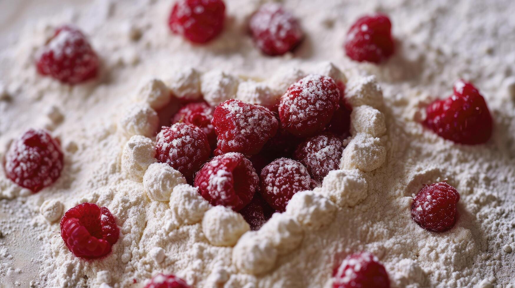 AI generated heart shaped mold using red raspberries surrounded by flour photo