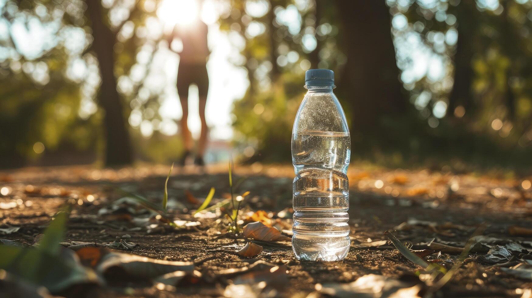 AI generated water bottle placed on the ground in a park photo