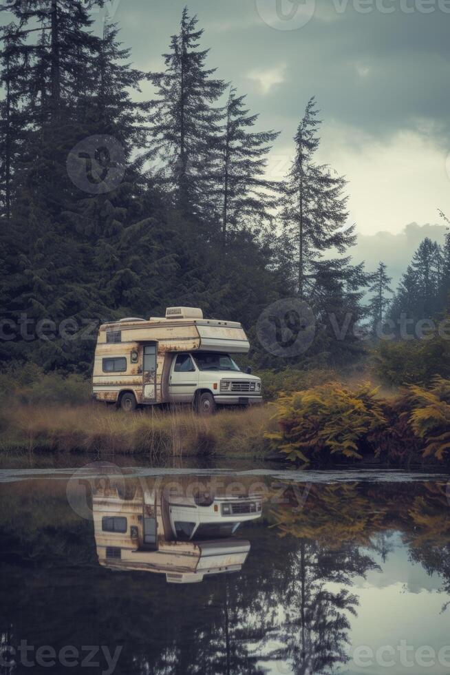 AI generated Camping near the lake in a motorhome . Camping in a camper van photo