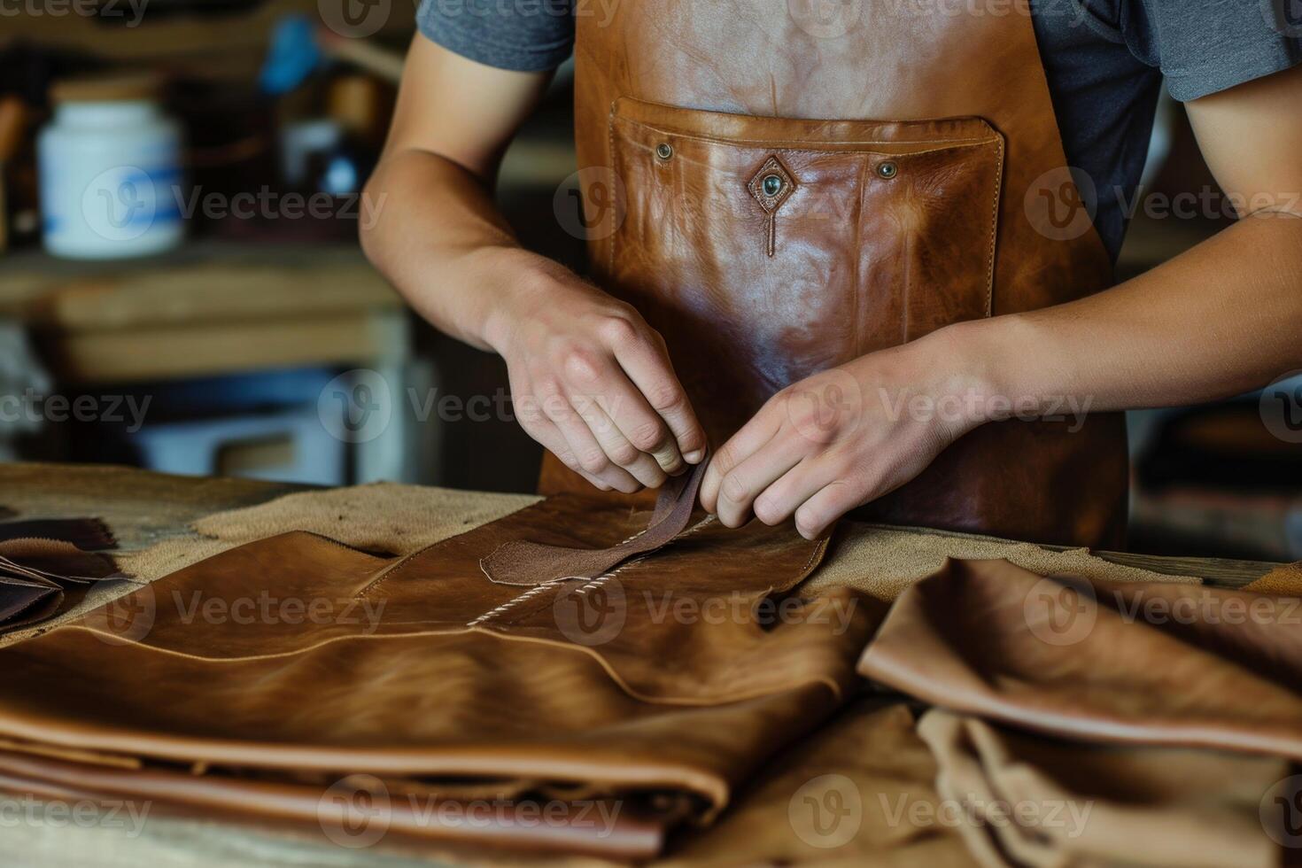 AI generated A male shoemaker working with leather fabric in his workshop photo