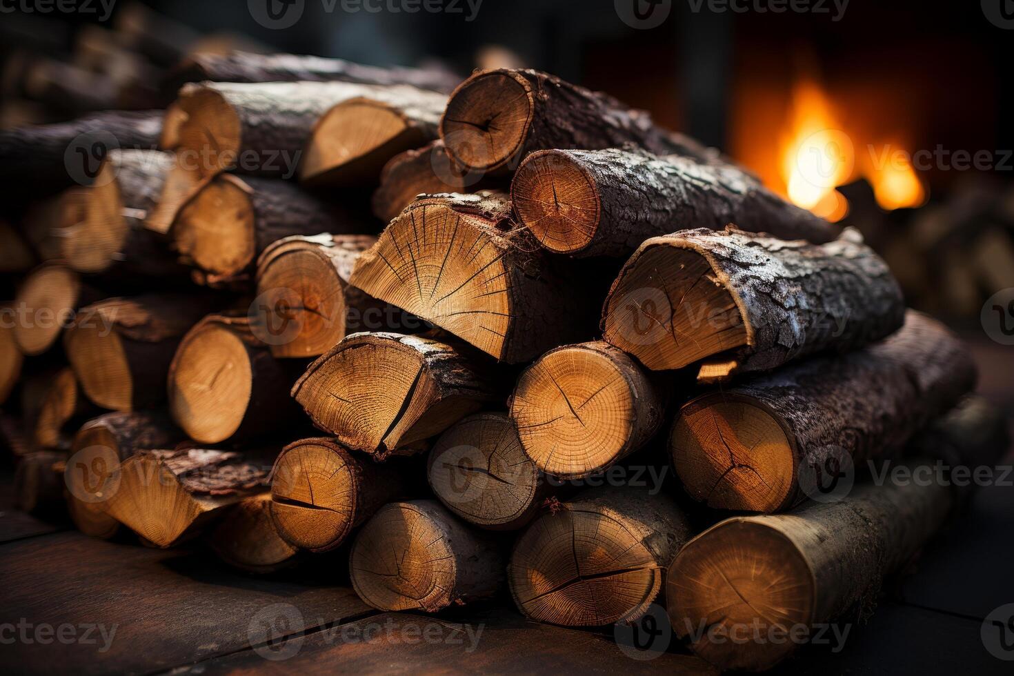 AI generated The chopped logs are in a stack. A wall of firewood, a background of dry chopped firewood photo