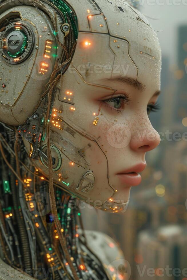 AI generated An image of the head of a female robot. The concept of the future. 3d illustration photo