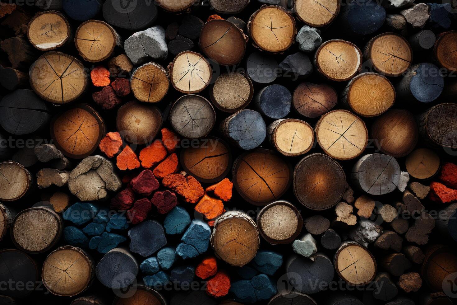 AI generated Chopped multicolored logs are stacked. A wall of firewood, a background of dry chopped firewood photo