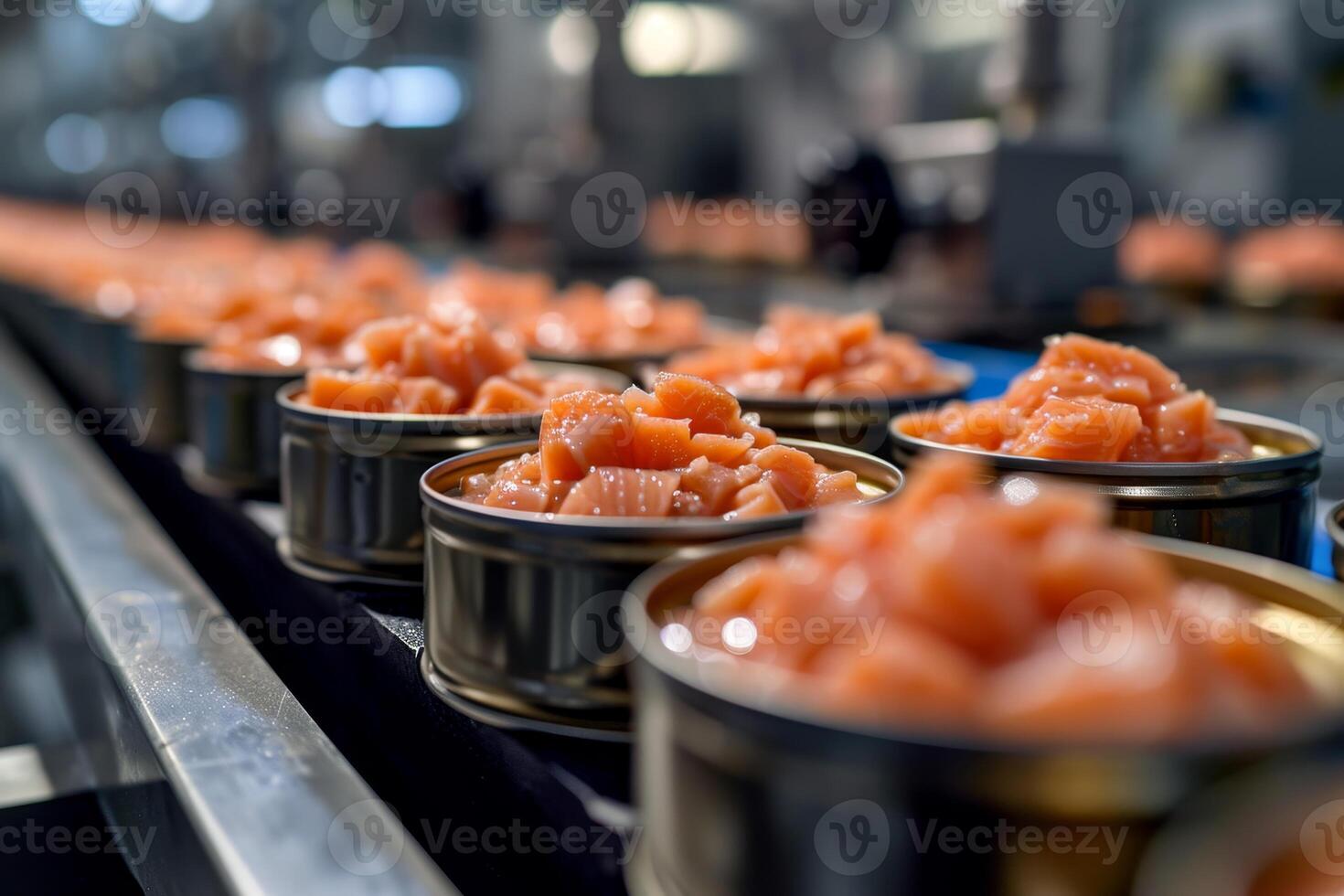 AI generated Production of canned fish. Tin cans of fish on the conveyor photo