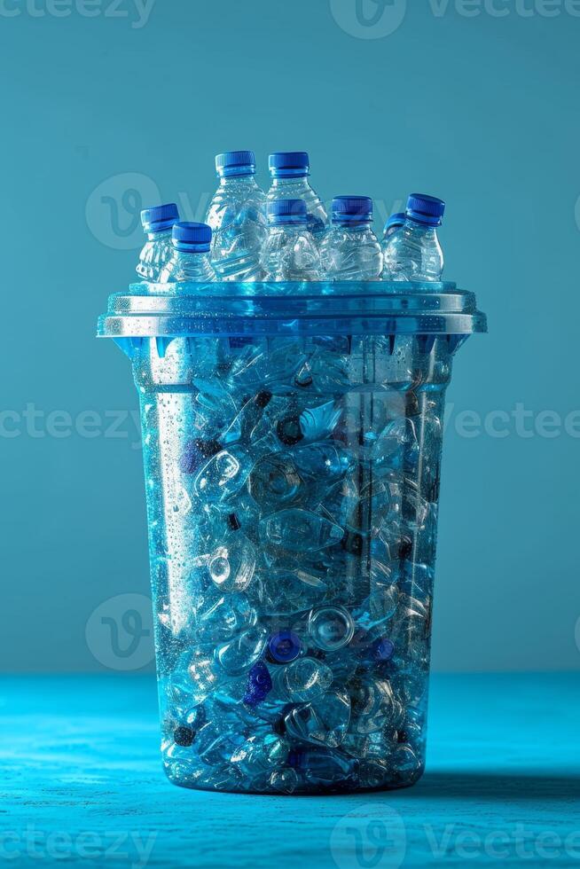 AI generated Lots of plastic bottles in a bucket on a blue background photo