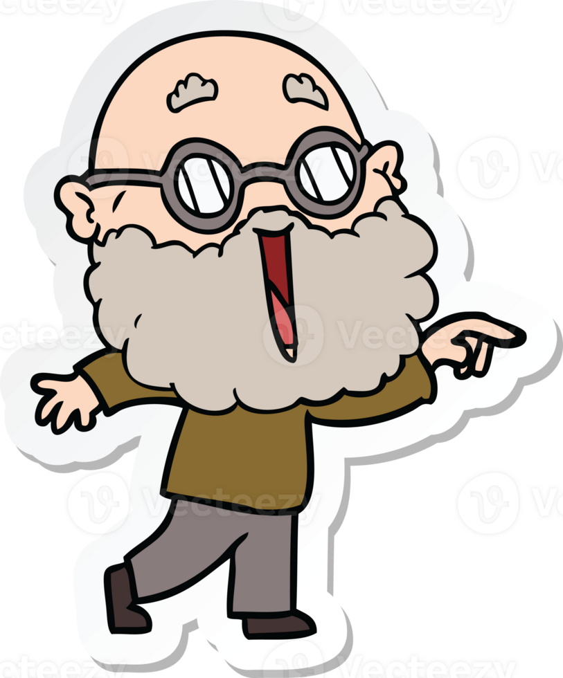 sticker of a cartoon joyful man with beard pointing finger png