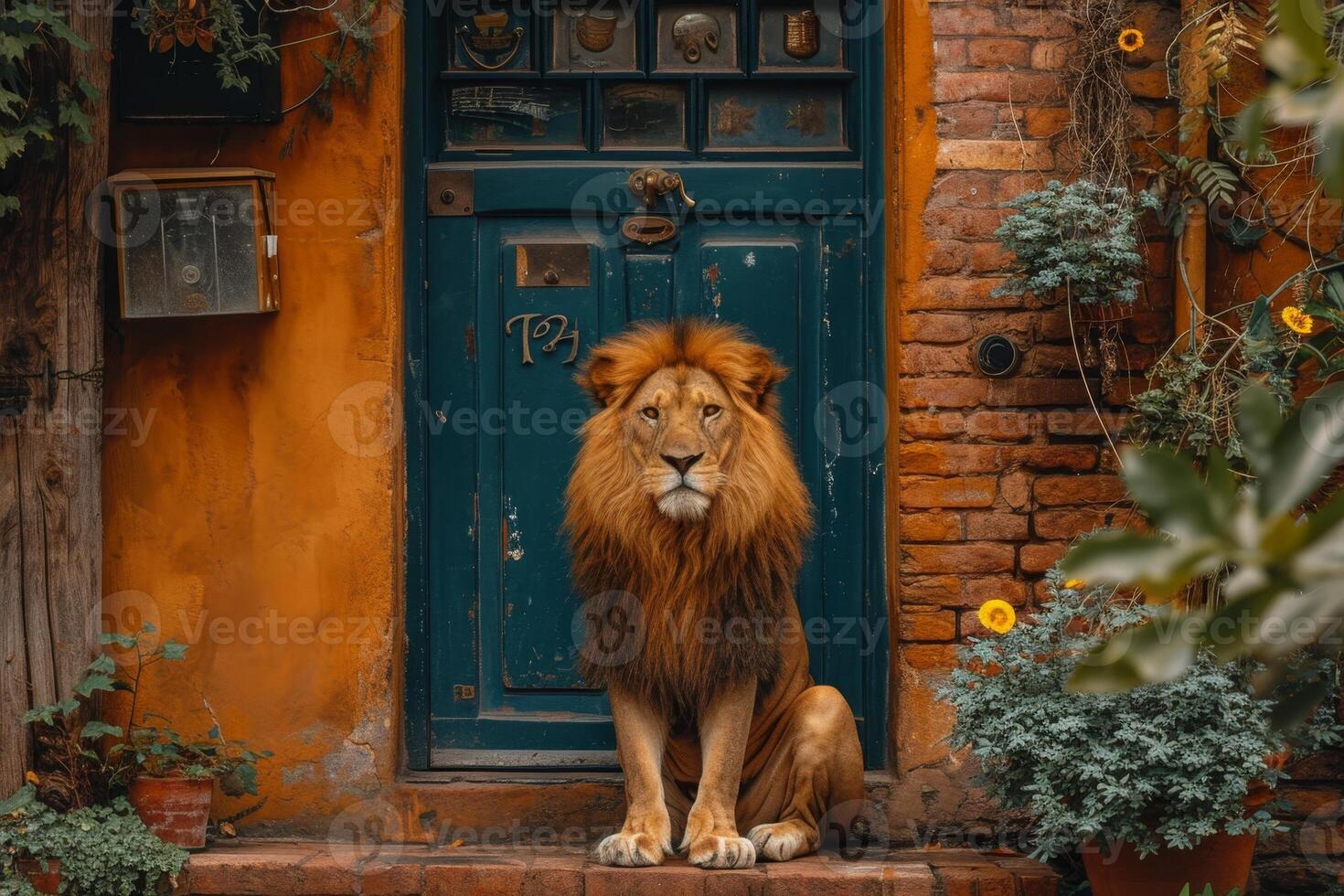 AI generated A big lion is sitting guarding the front door of the house photo