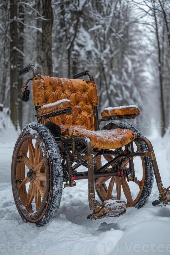 ai generado surrealista vacío silla de ruedas fuera de en invierno foto