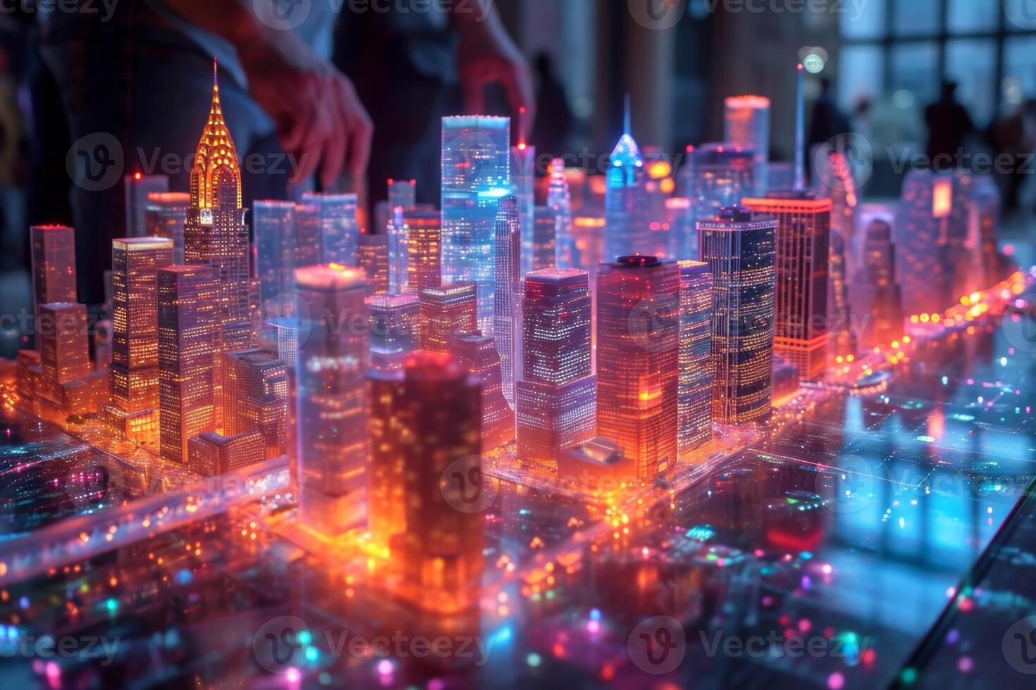 AI generated a hologram of the buildings of a large city on the table. The concept of a smart city photo