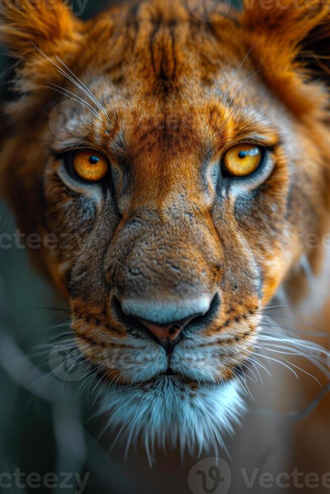 ai generado retrato de un leon bozal en de cerca. el leon cabeza foto