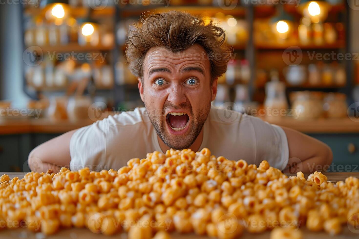 AI generated A screaming Emotional man and a pile of cornflakes in front of him photo