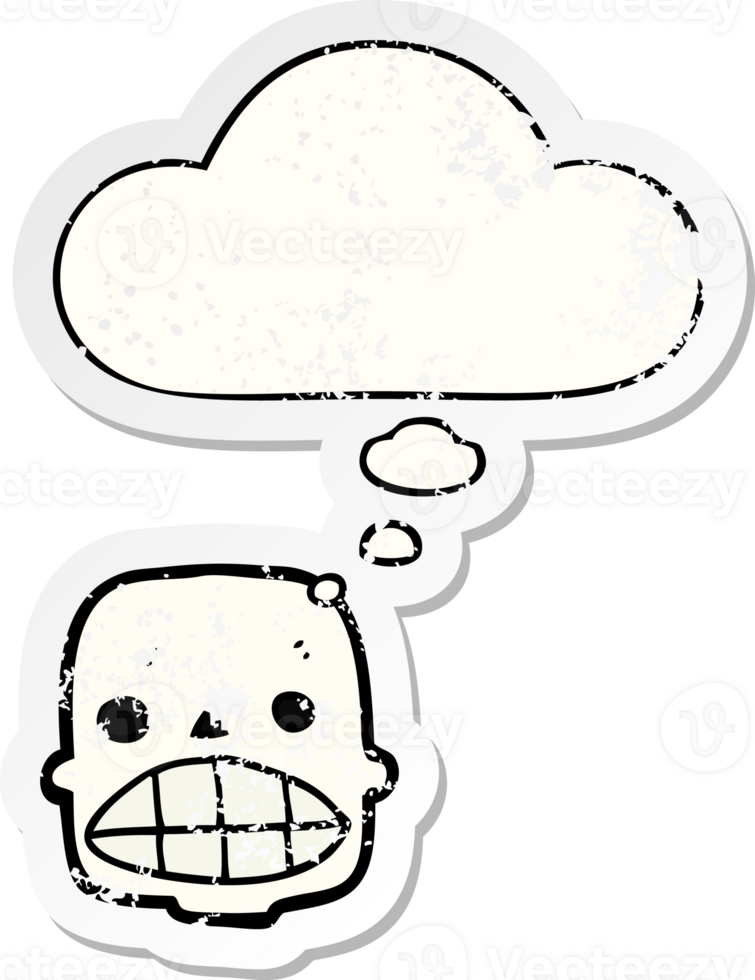 cartoon skull and thought bubble as a distressed worn sticker png