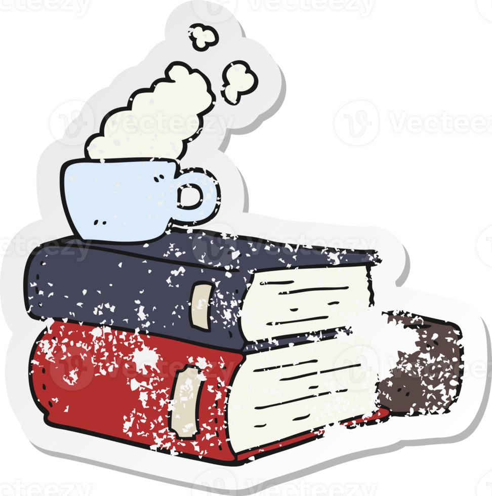 distressed sticker of a cartoon books and coffee cup png