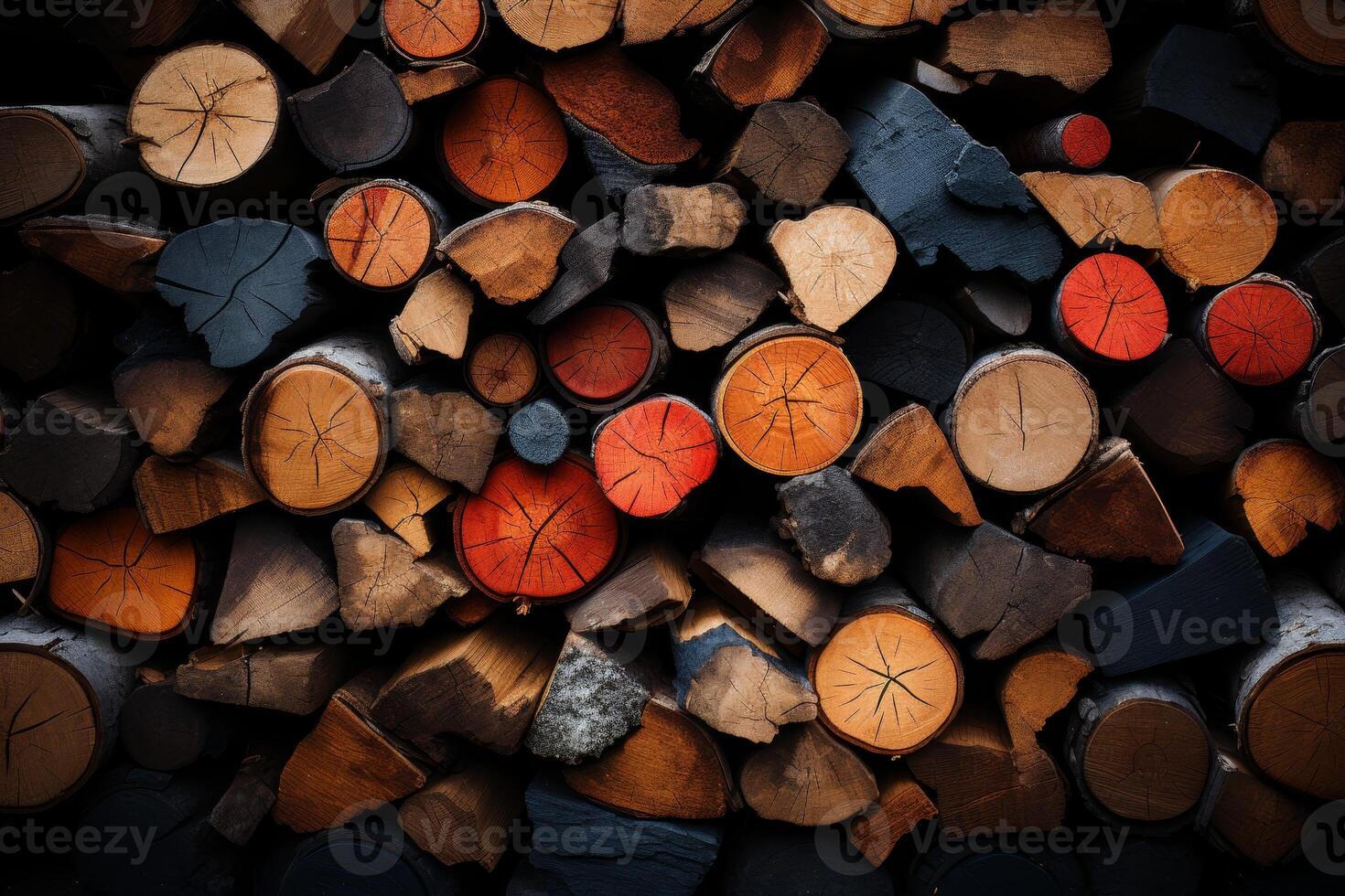 AI generated Chopped multicolored logs are stacked. A wall of firewood, a background of dry chopped firewood photo
