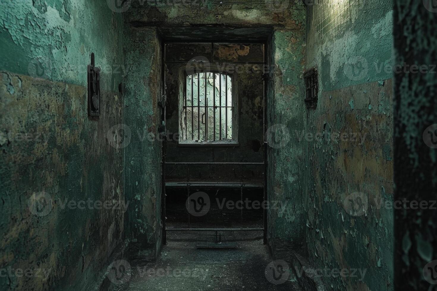 AI generated An old abandoned prison. A room with bars photo