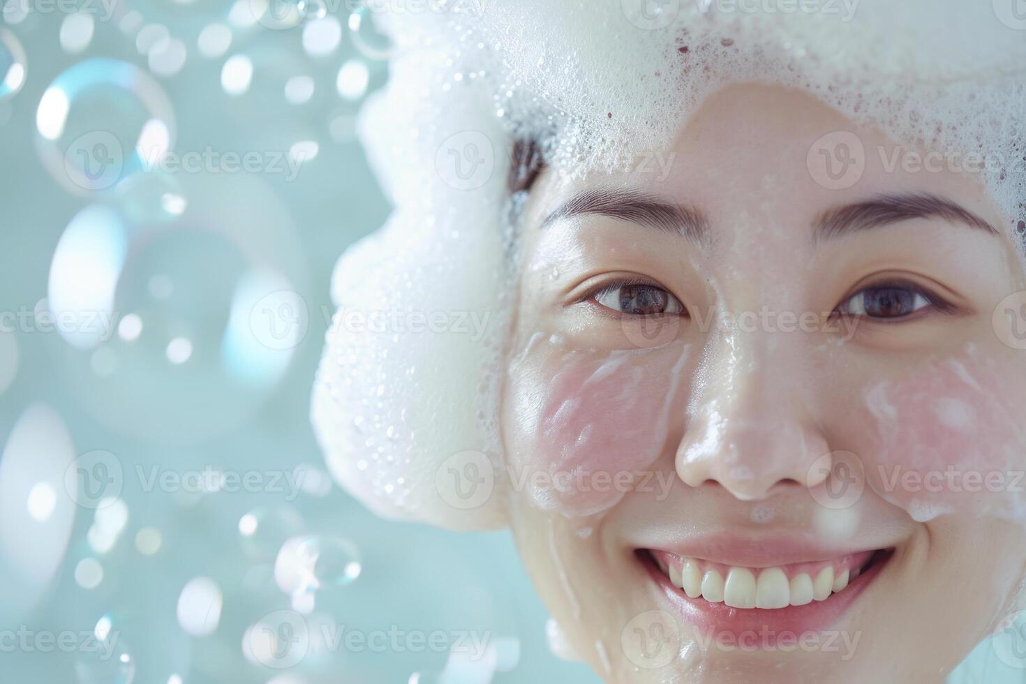 AI generated Asian girl's face in soap suds and bubbles on blue photo