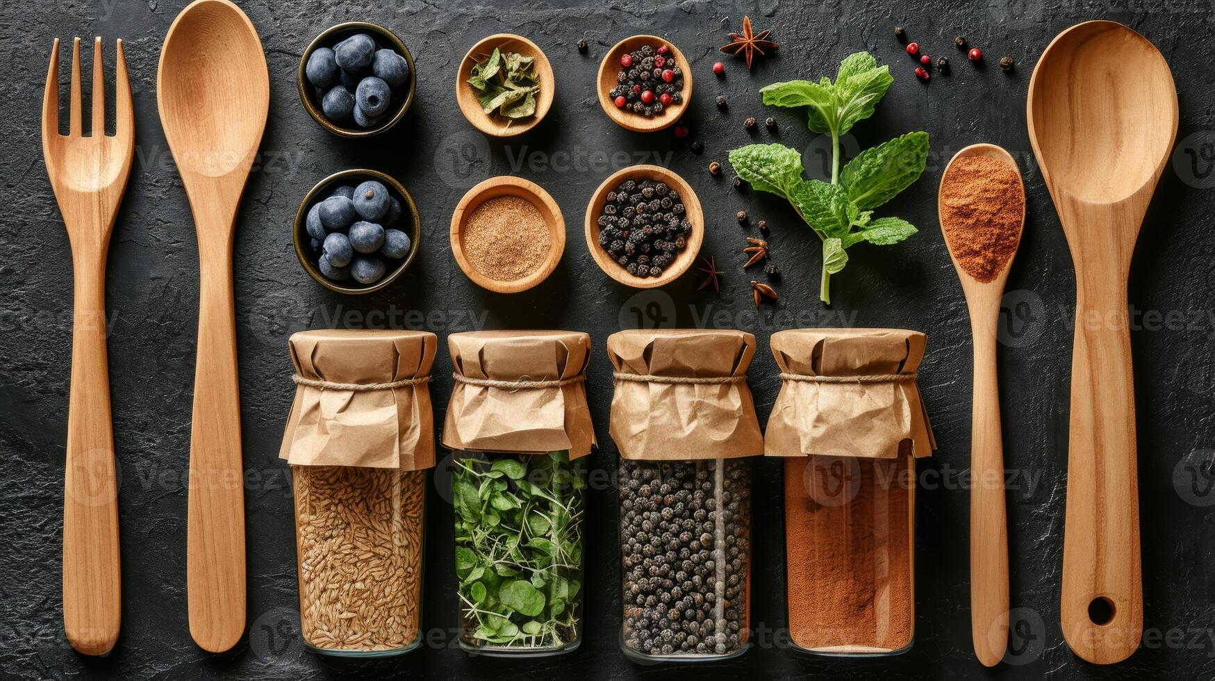 AI generated eco-friendly disposable tableware made of paper and wood with spices on a black background. the concept of recycling photo