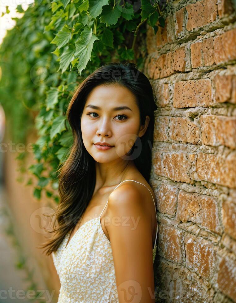 AI generated photo of beautiful asian woman standing at brick wall street, generative AI