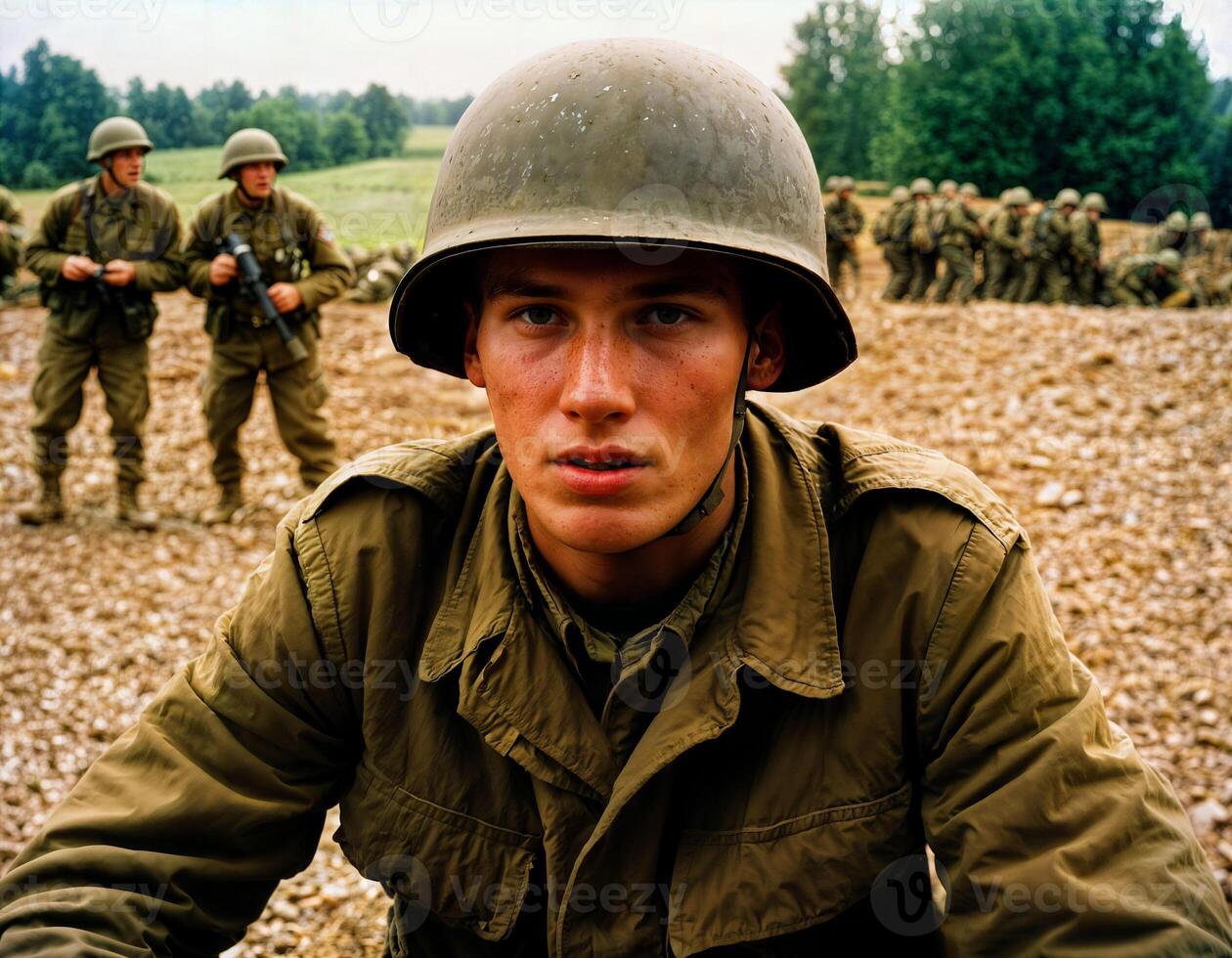 AI generated photo of intense soldier man in army outfit and helmet in serious dangerous war walking on field, generative AI