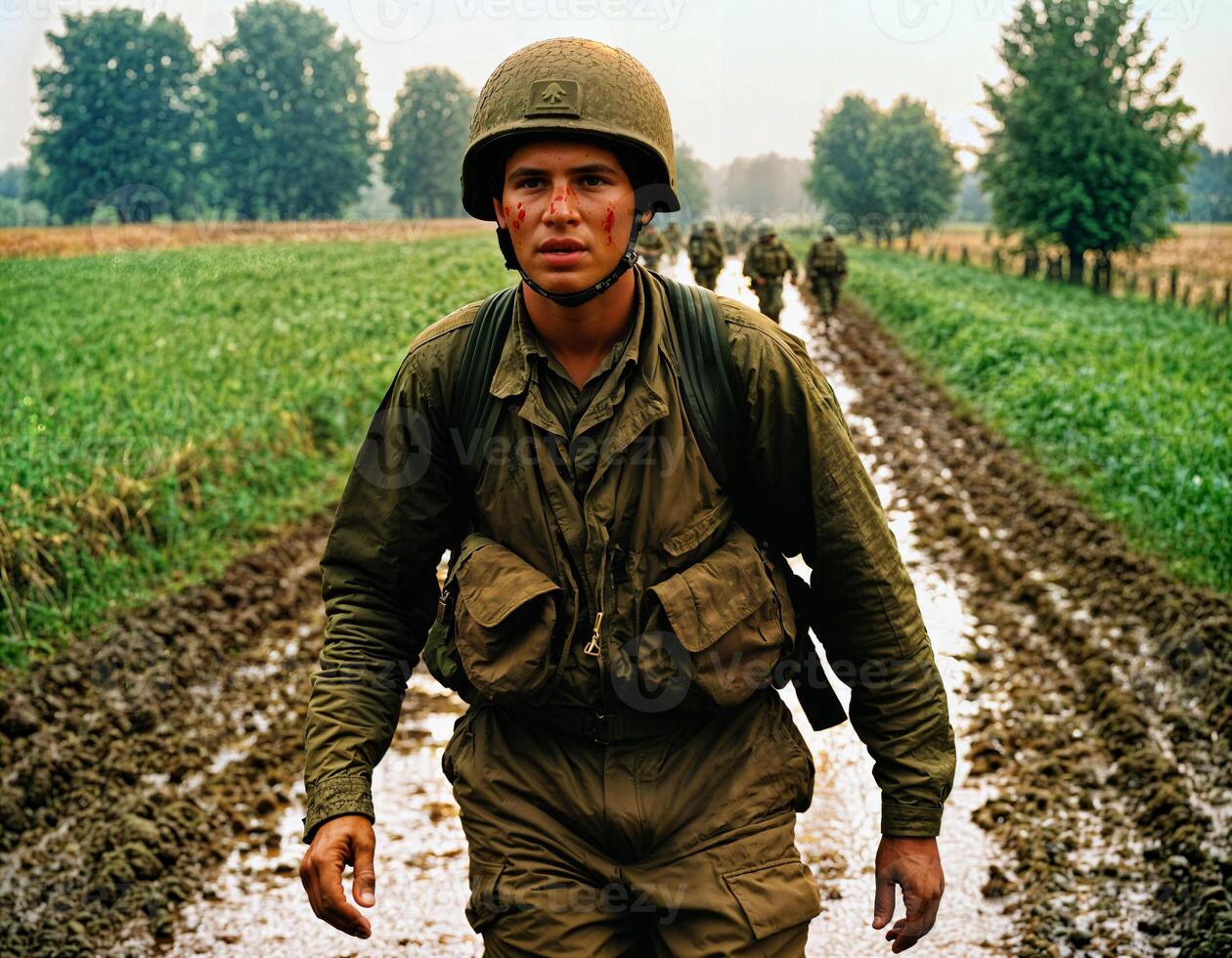 AI generated photo of intense soldier man in army outfit and helmet in serious dangerous war walking on field, generative AI