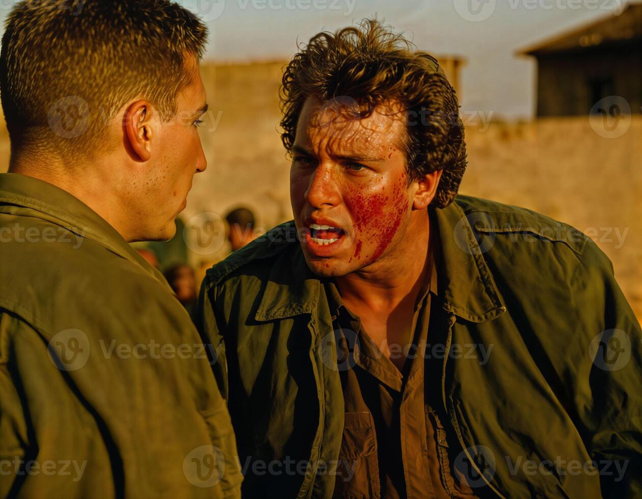 AI generated photo of intense soldier man in army outfit and helmet in serious dangerous war arguing with other, generative AI