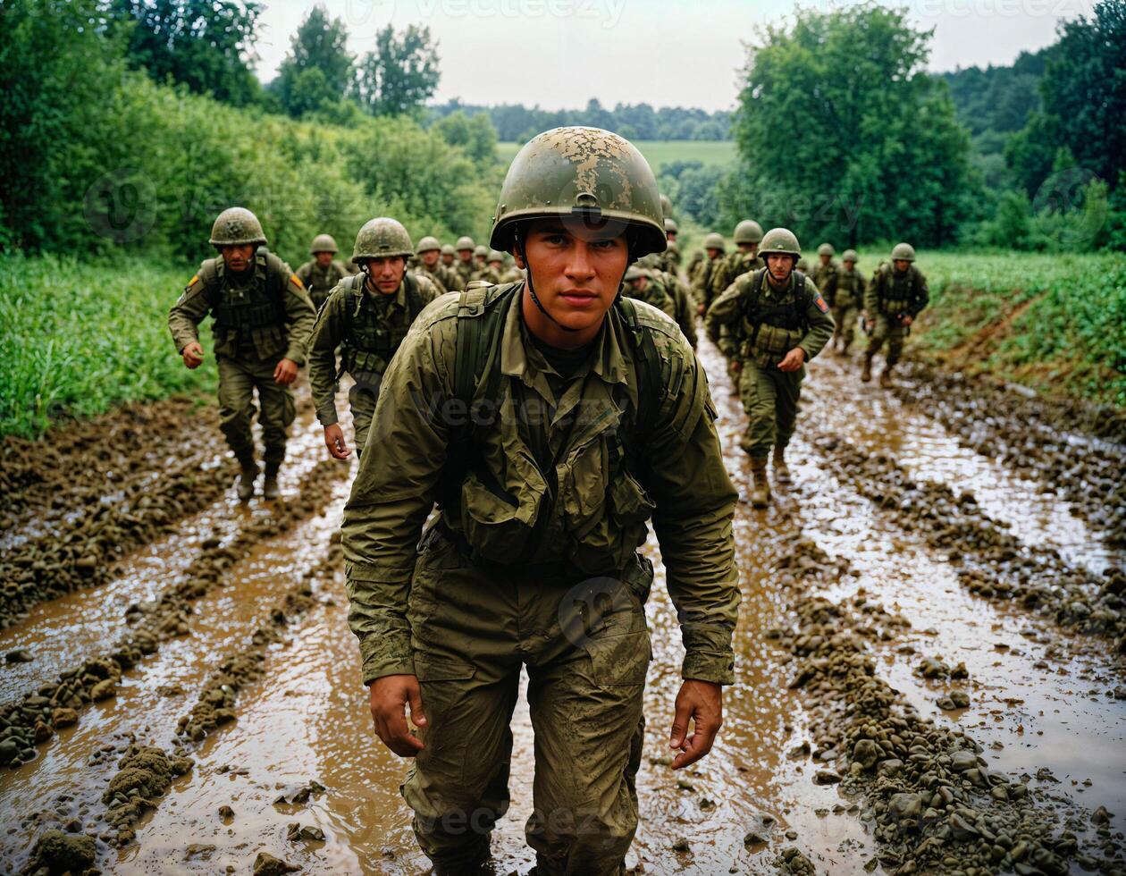 AI generated photo of intense soldier man in army outfit and helmet in serious dangerous war walking on field, generative AI